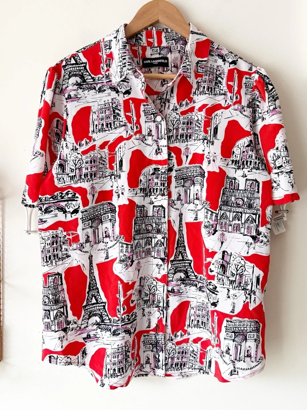 Karl Lagerfeld Bungee-Sleeve Blouse Parisian Sketch Theme Print Size Medium - Picture 2 of 13